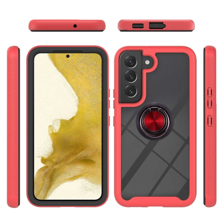 Red shockproof phone case set with ring holder; front, back, and side buttons visible