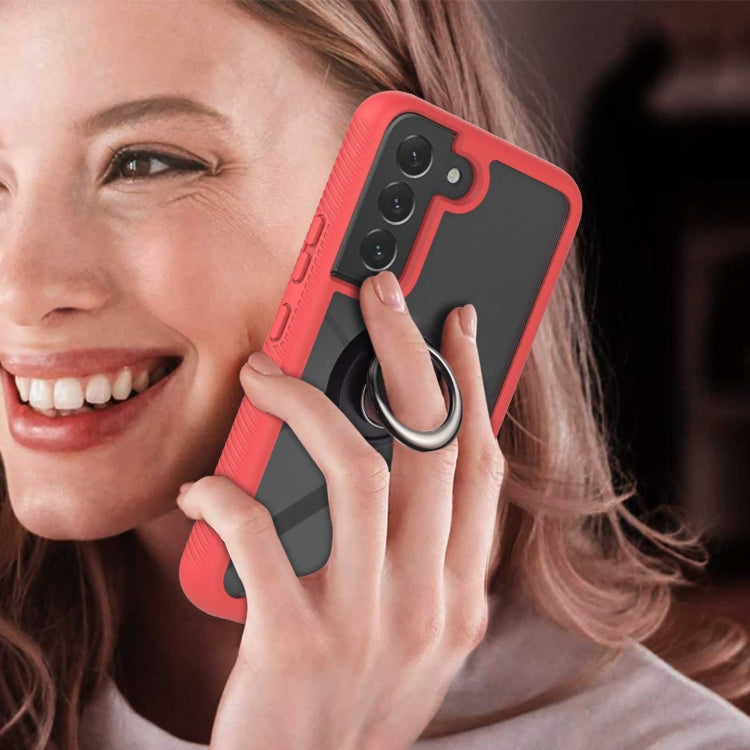Red shockproof phone case with ring holder, worn on a hand; camera openings visible