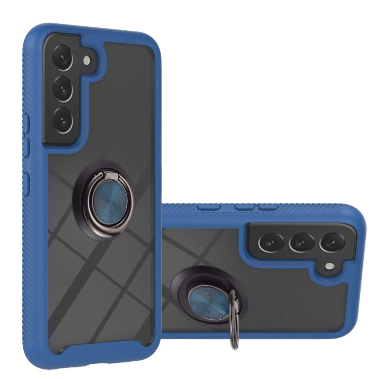 Blue shockproof phone case with ring holder, textured TPU sides, and camera cutouts
