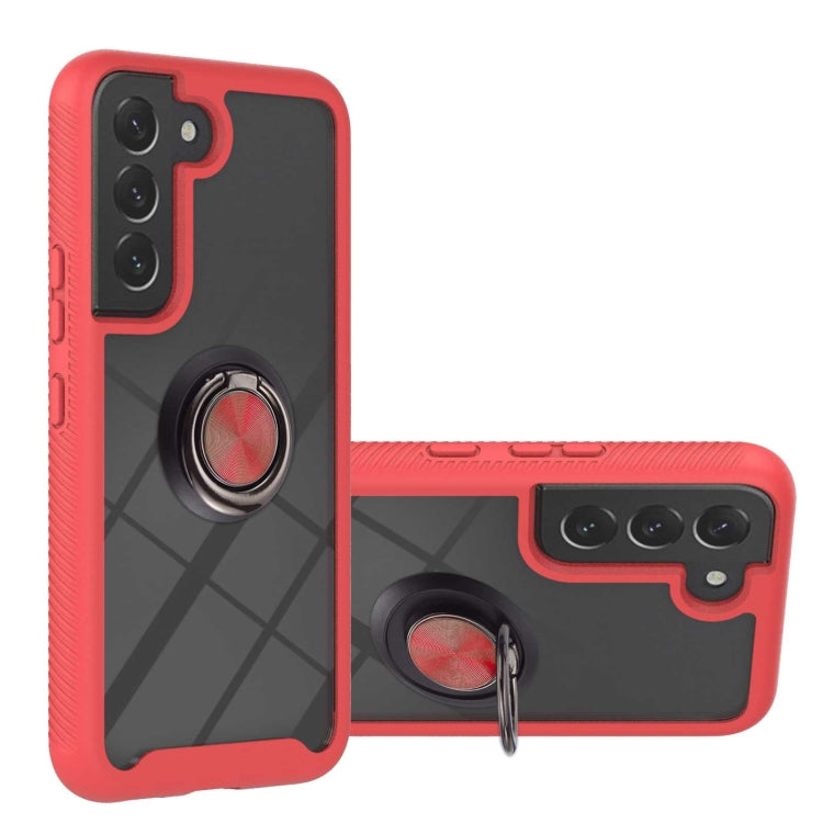 Red shockproof phone case with ring holder and camera bump cutouts on back