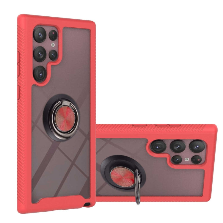 Red shockproof phone case with ring holder and triple-camera cutout on the back