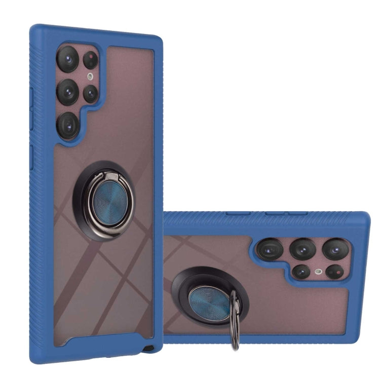 Blue shockproof phone case with ring holder and triple-camera cutout on the back