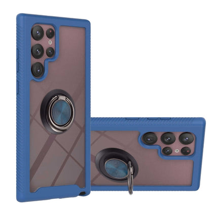 Blue shockproof phone case with ring holder and triple-camera cutout on the back