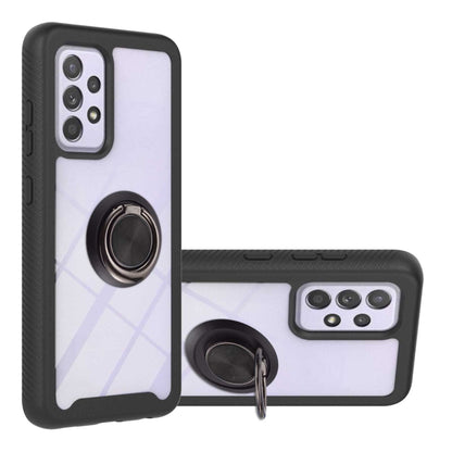 Black and white shockproof phone case with ring holder; dual camera cutouts visible