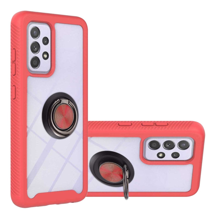 Shockproof phone case with ring holder, red hard shell and TPU bumper