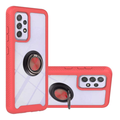 Shockproof phone case with ring holder, red hard shell and TPU bumper