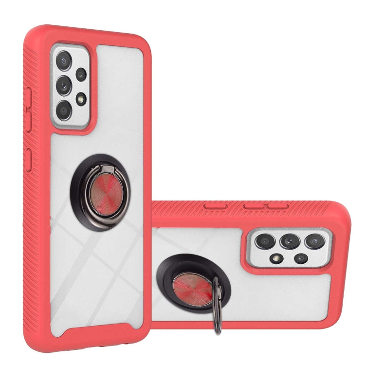 Shockproof phone case with ring holder, red hard shell and TPU bumper