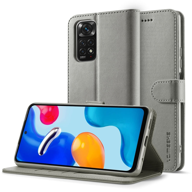 Grey calf-texture leather phone folio case with stand and rear camera cutout