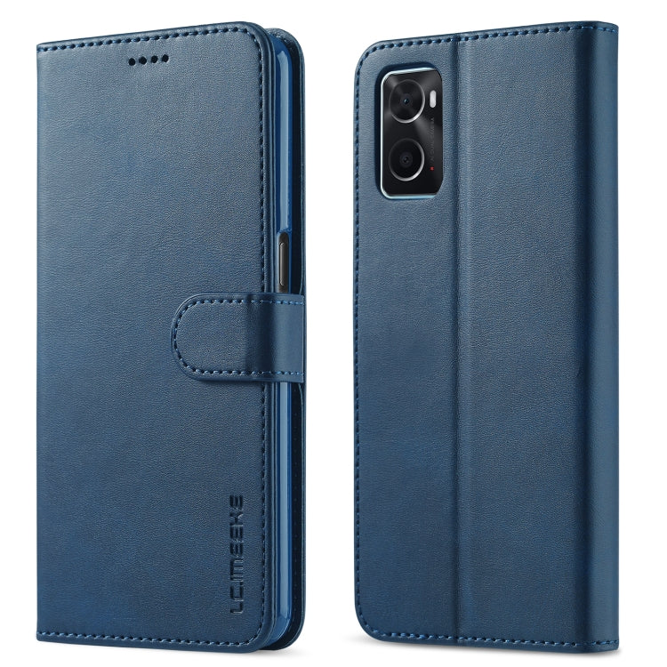 Blue leather flip phone case with front clasp and camera cutout