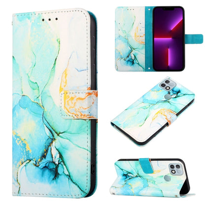 Marble-pattern flip leather phone case with light blue and white marble, card slots.