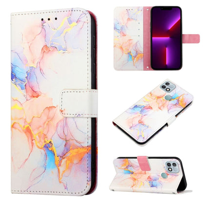 Marble patterned flip leather phone case in white with pink and orange swirls, card holder