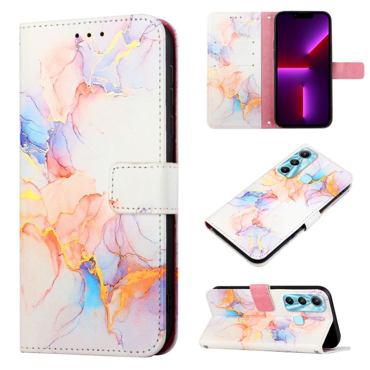 Marble pattern flip leather phone case in peach, orange, blue, and white, with cutouts.