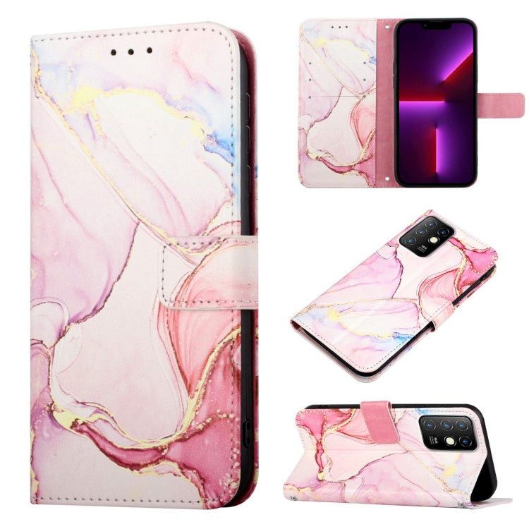 Pink marble flip leather phone case with wallet-style flap and camera cutout.