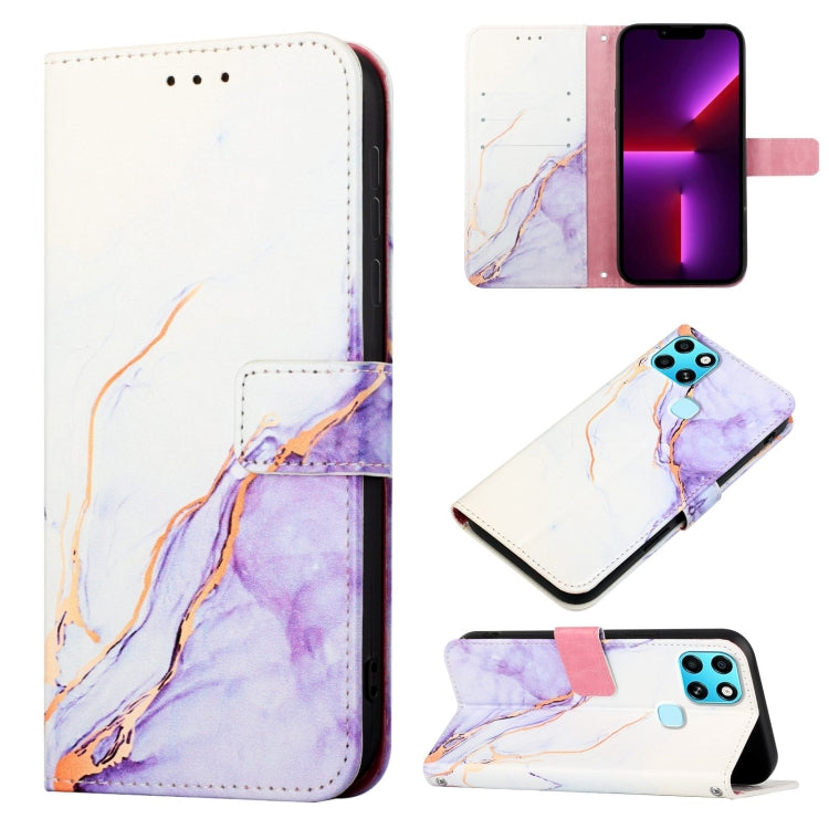 Marble pattern flip leather phone case, white with lavender veins and teal accents