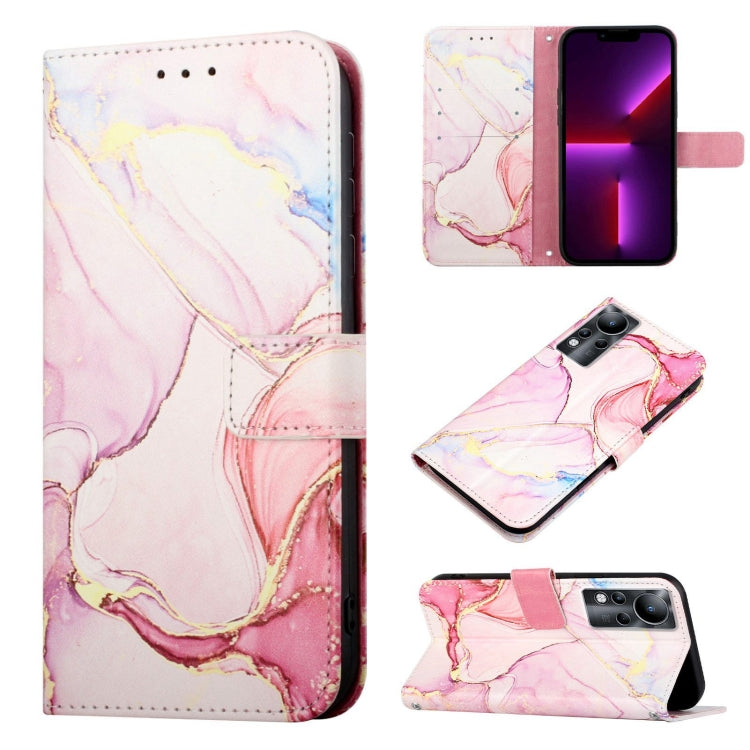 Marble flip leather phone case with pink, purple, and gold marbling; card slot and strap
