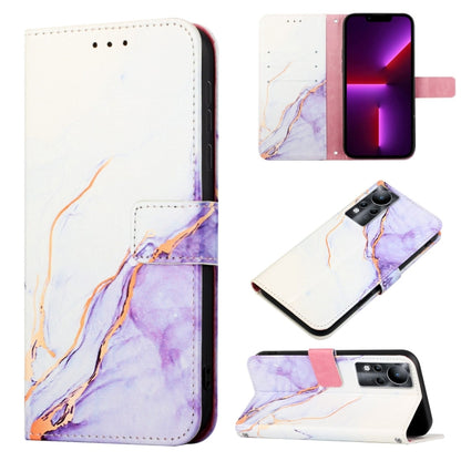 Marble flip leather phone case with white, lavender, and blue marbling; card slot and strap