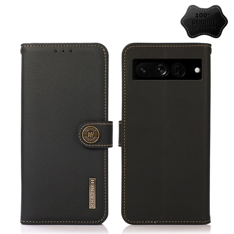 KHAZNEH genuine leather RFID phone case in black, front and back views with strap.