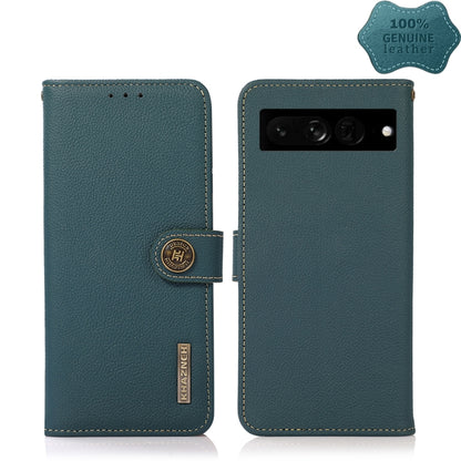 Teal genuine leather RFID phone case with magnetic flap, logo, and camera cutout
