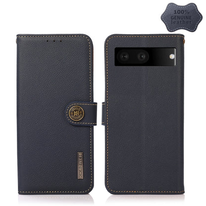 KHAZNEH leather RFID phone case in black, front and back views with logo strap.