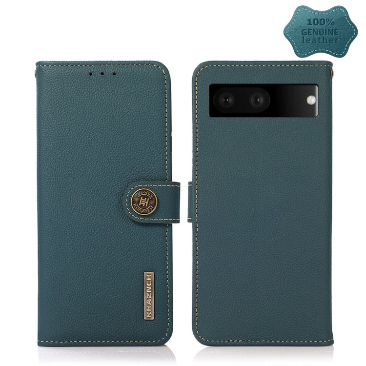 Teal genuine leather RFID phone case with logo tab and camera window on back