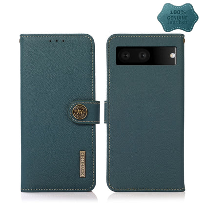 Teal genuine leather RFID phone case with logo tab and camera window on back