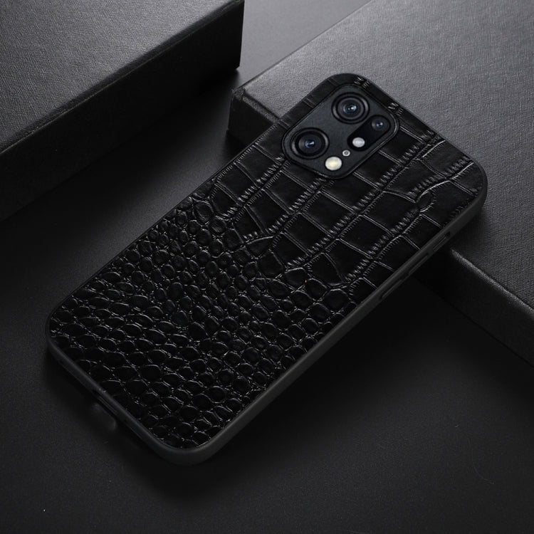 Black crocodile-pattern leather phone case on side, showing camera cutouts and texture.