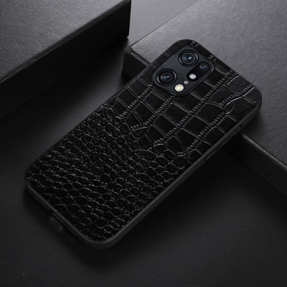 Black crocodile-pattern leather phone case on side, showing camera cutouts and texture.