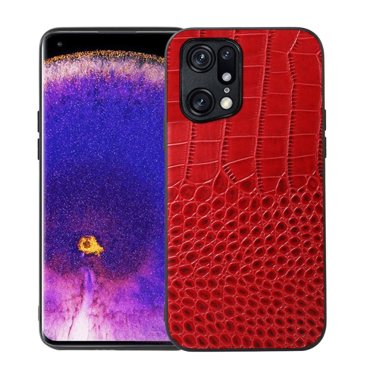 Red crocodile-pattern leather phone case with camera cutouts and protective rim.