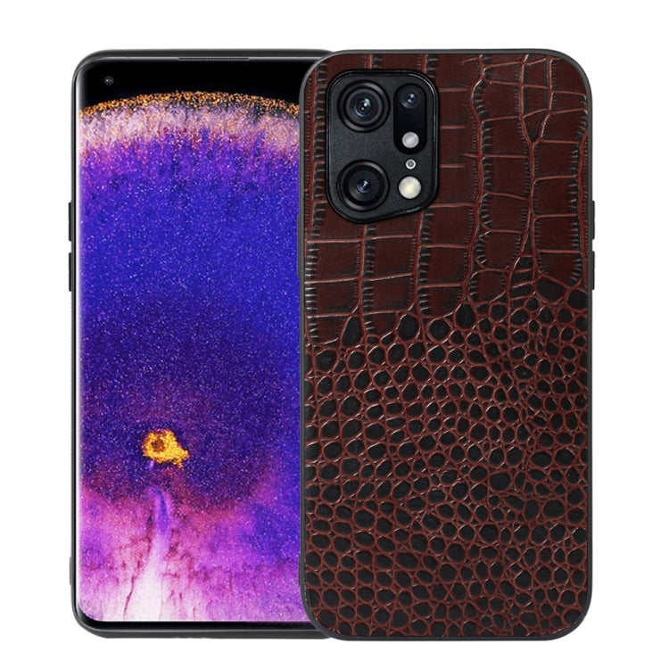 Coffee-brown crocodile-pattern leather phone case with camera cutouts and protective rim.