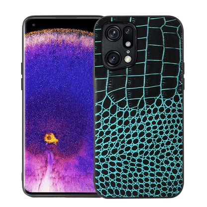 Cyan blue crocodile-pattern leather phone case with camera cutouts and protective rim.