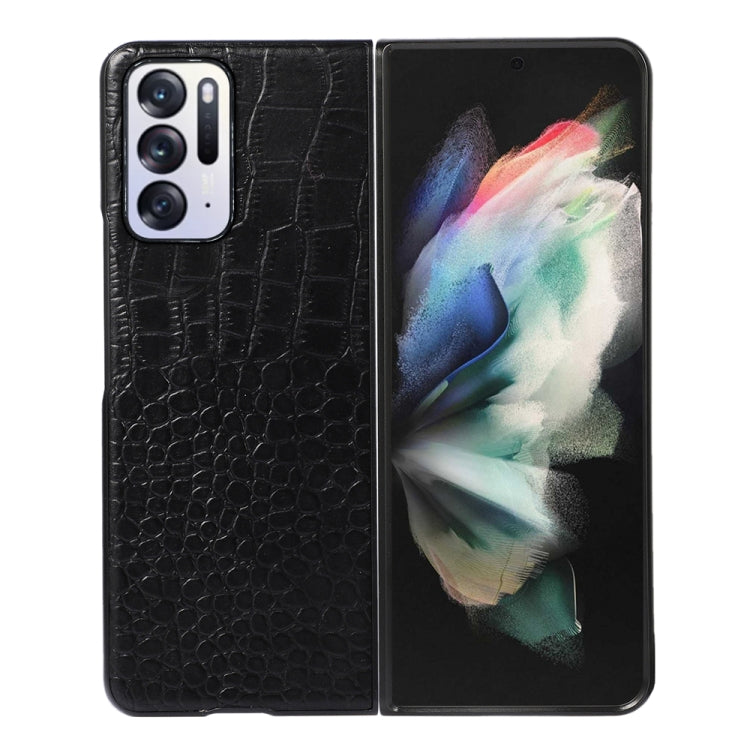 Black crocodile-pattern leather phone case, shown with a phone front and camera area.