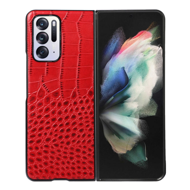 Red crocodile-pattern leather phone case with camera cutouts, shown beside phone front.