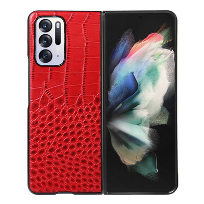 Red crocodile-pattern leather phone case with camera cutouts, shown beside phone front.
