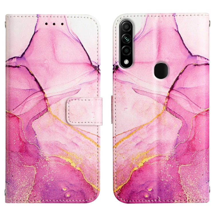 Pink marble leather-look flip wallet phone case with card holder and button closure detail