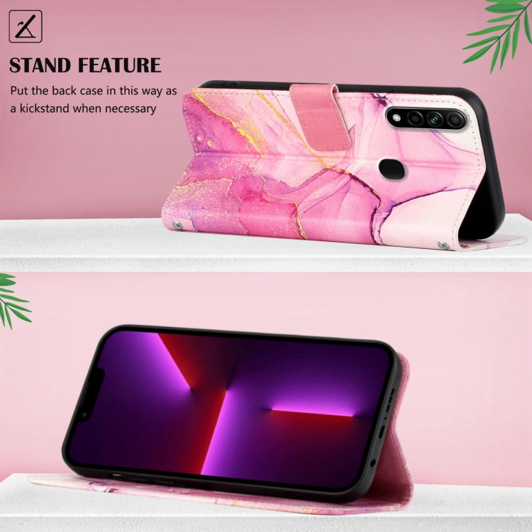 Pink marble flip phone wallet case with built-in kickstand and side camera cutout