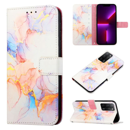 Marble pattern flip leather phone case with card slot; pastel peach and purple stone design.