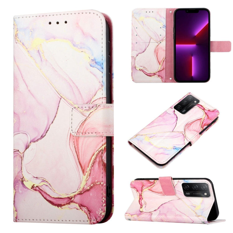 Marble pattern flip leather phone case with card slot; rosy pink and lavender marble design.