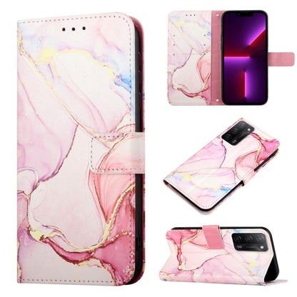 Marble pattern flip leather phone case with card slot; rosy pink and lavender marble design.