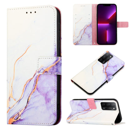 Marble flip leather phone case with white and purple watercolor pattern, magnetic flap