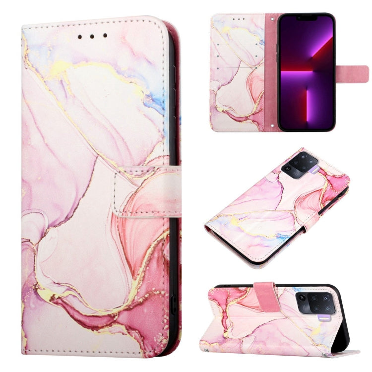 Marble flip leather phone case with pink and peach marble pattern, flap with cutouts