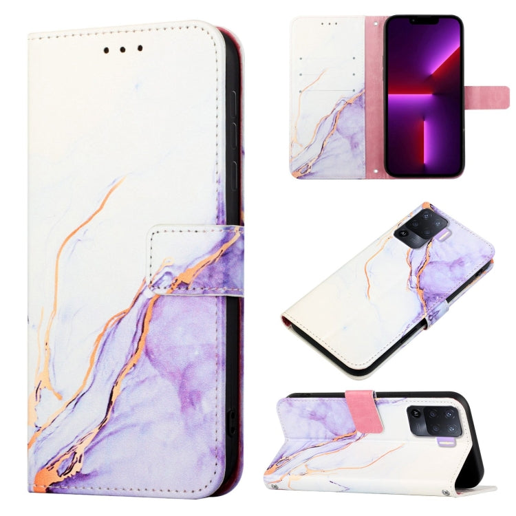 Marble pattern flip leather phone case, white with purple accents, stand-style cover