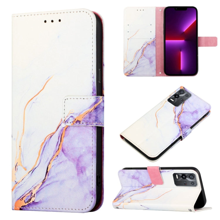 Marble flip leather phone case with purple/white swirls and card slots