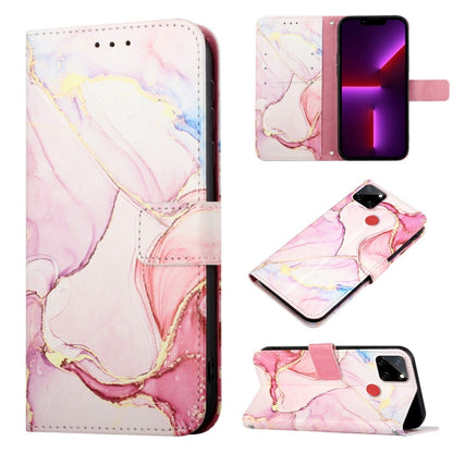 Marble pattern flip leather phone case in pink and white, folio with camera cutout