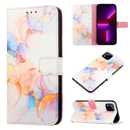 Marble pattern flip leather phone case in white with pastel tones, folio with camera cutout