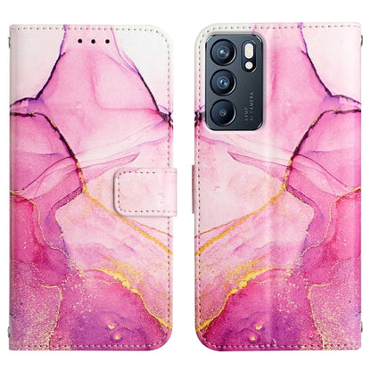 Pink marble-pattern folio phone case with front flap, card slot, and side cutouts.