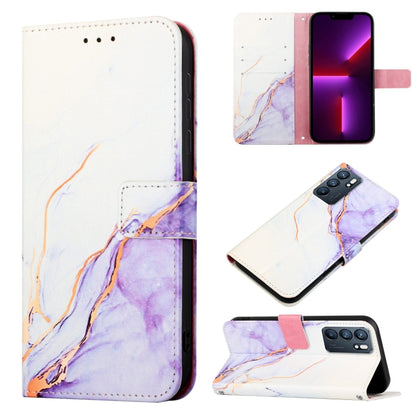 Marble print flip leather phone case in white with purple swirls and camera cutout