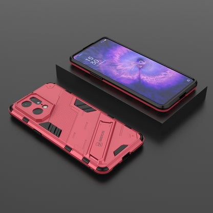Rugged TPU shockproof phone case with invisible holder, light red—case and stand view