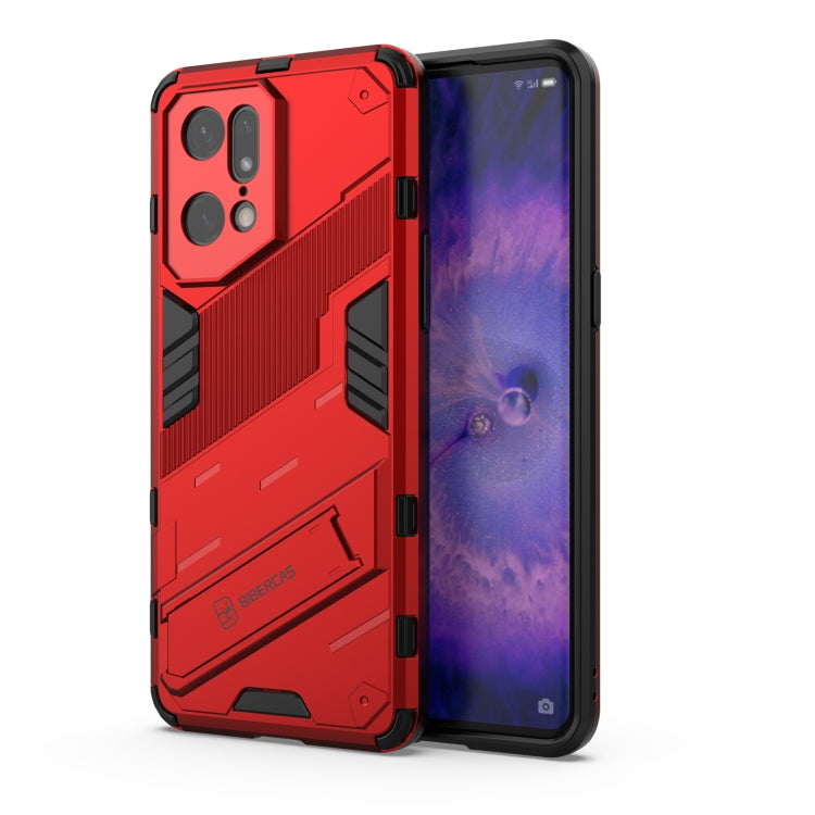 Shockproof armored phone case with invisible holder, red with black accents