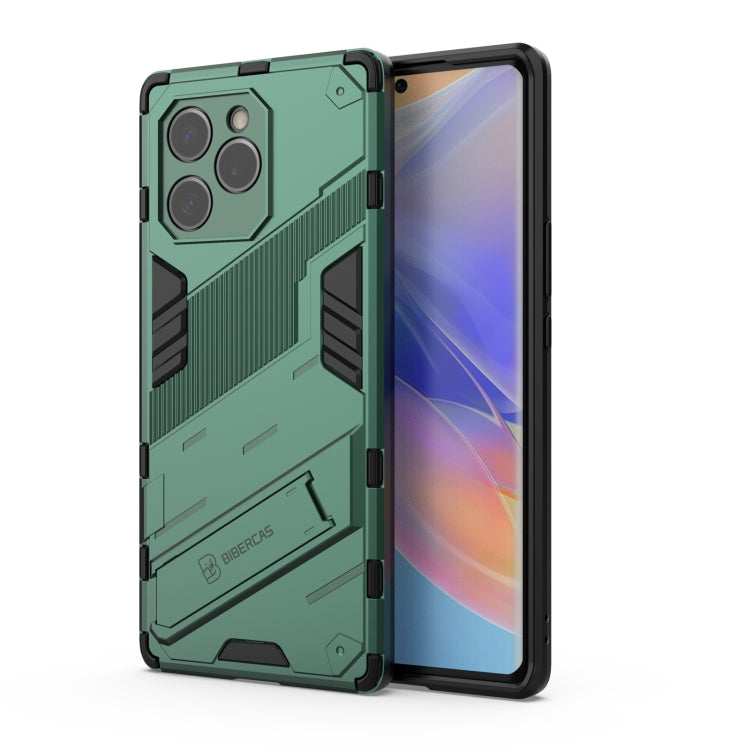 Green rugged phone case with raised TPU shockproof frame and camera cutouts