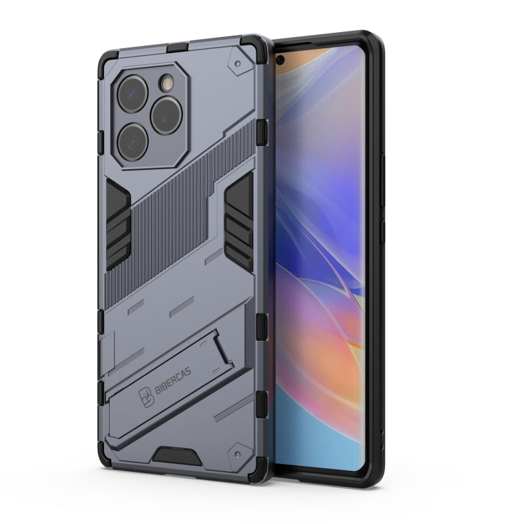 Grey rugged phone case with raised TPU shockproof frame and camera cutouts